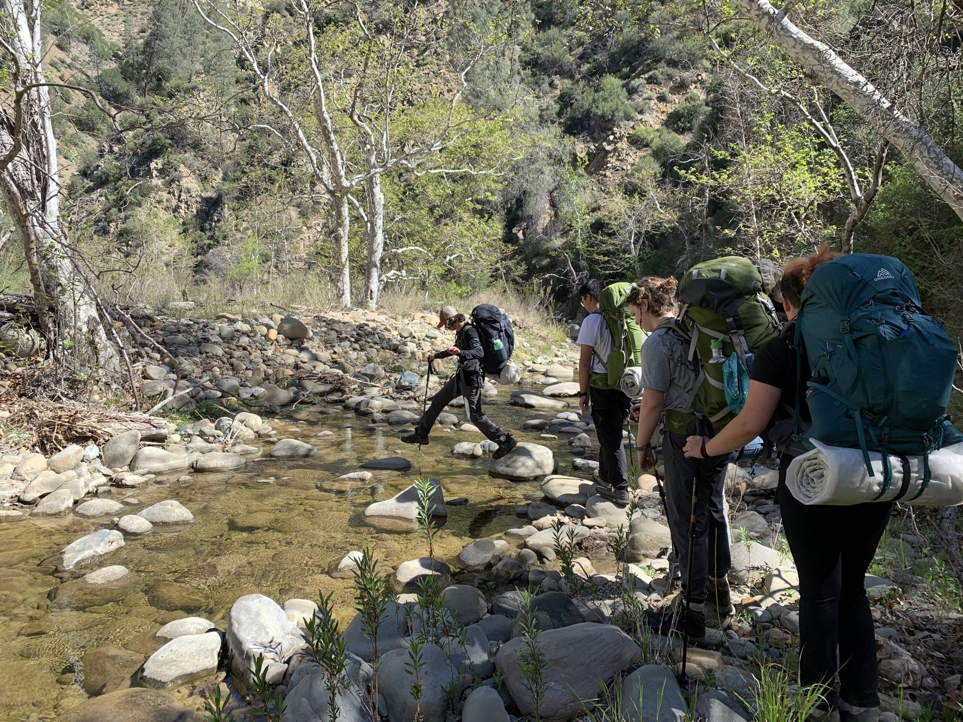 students crossing a creek during experiential learning week