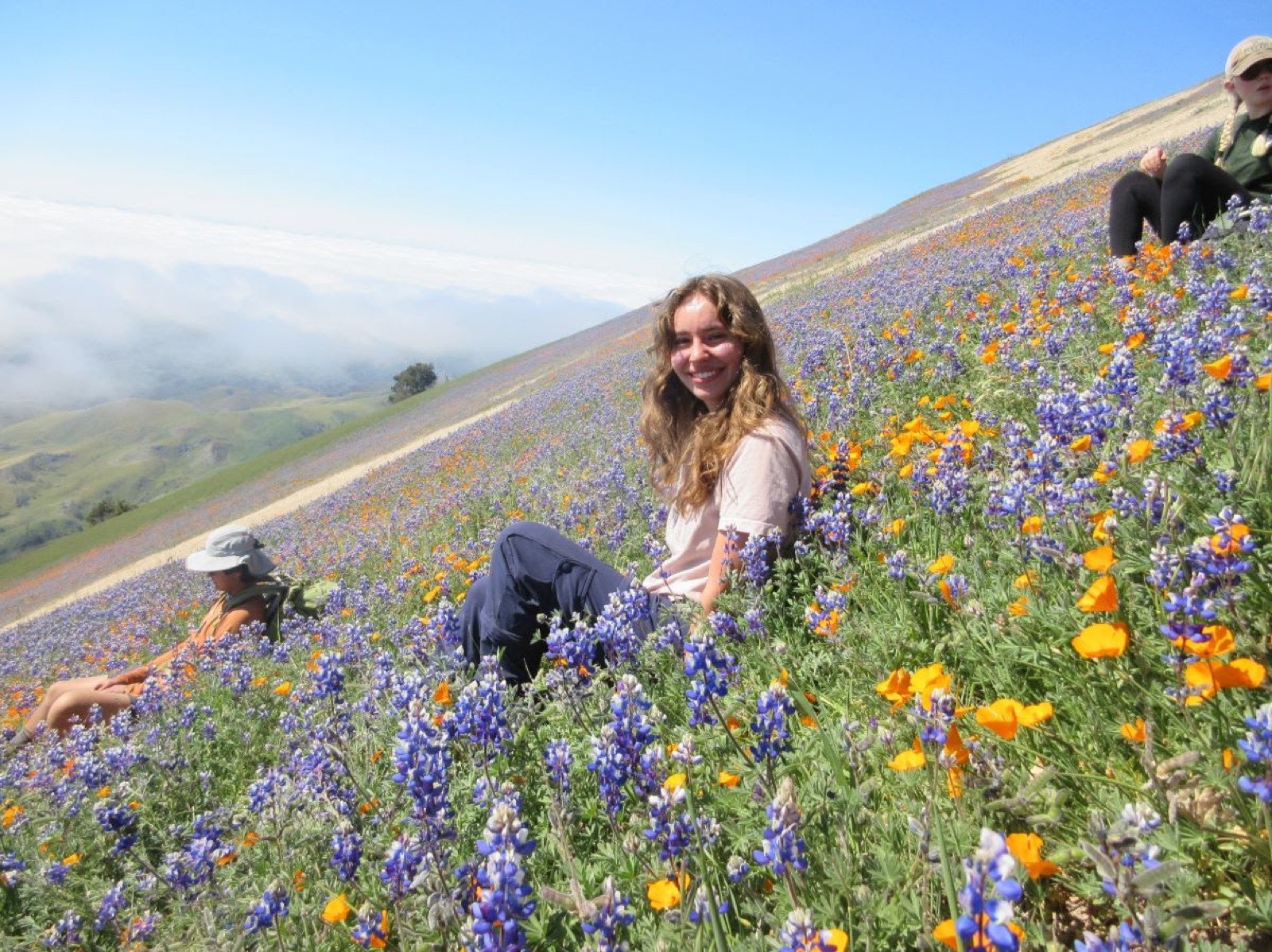 Stella '26 sitting among lupine and poppies during the spring superbloom on Grass Mountain above Midland School