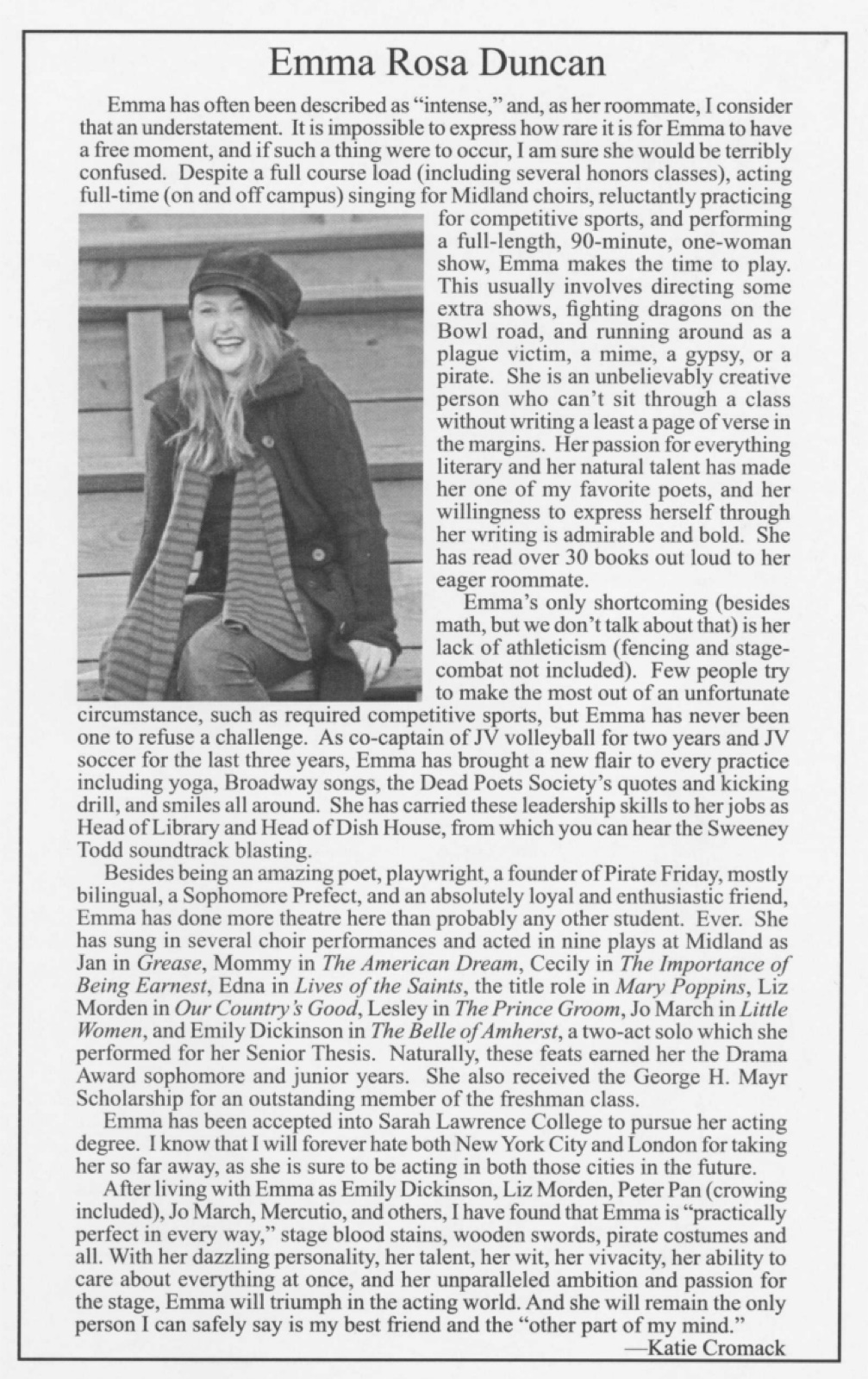 Emma Rosa Duncan ’08 senior page from the 2008 Midland Mirror, written by roommate Katie Cromack