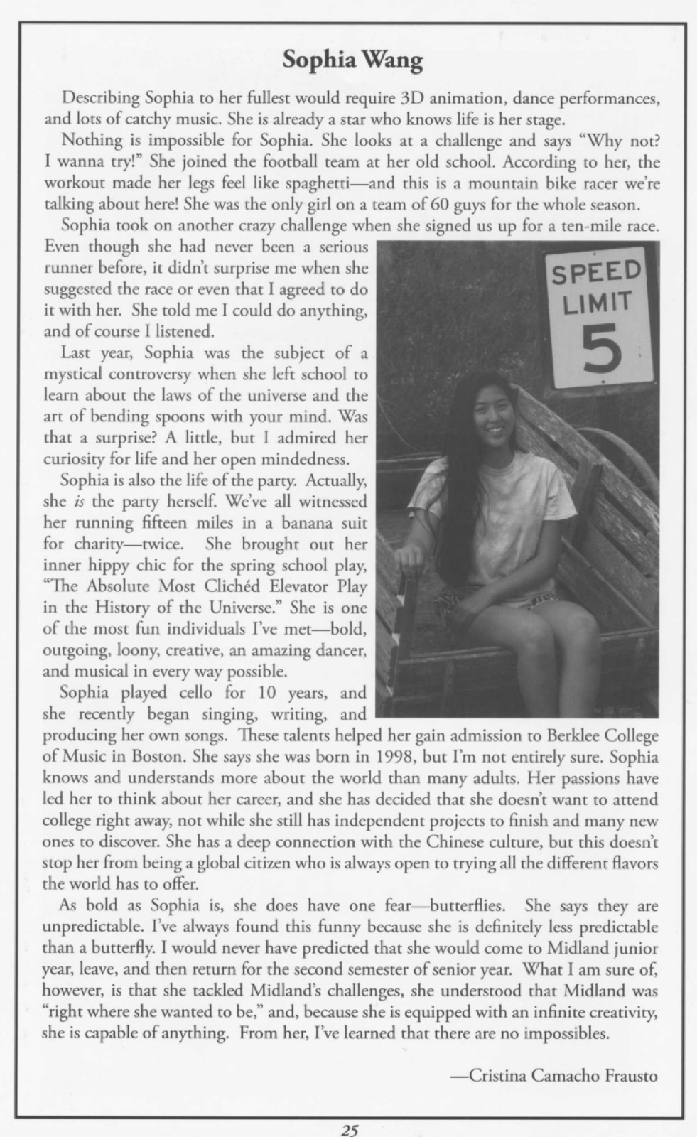 Sofya Wang ’16 senior page from the 2016 Midland Mirror