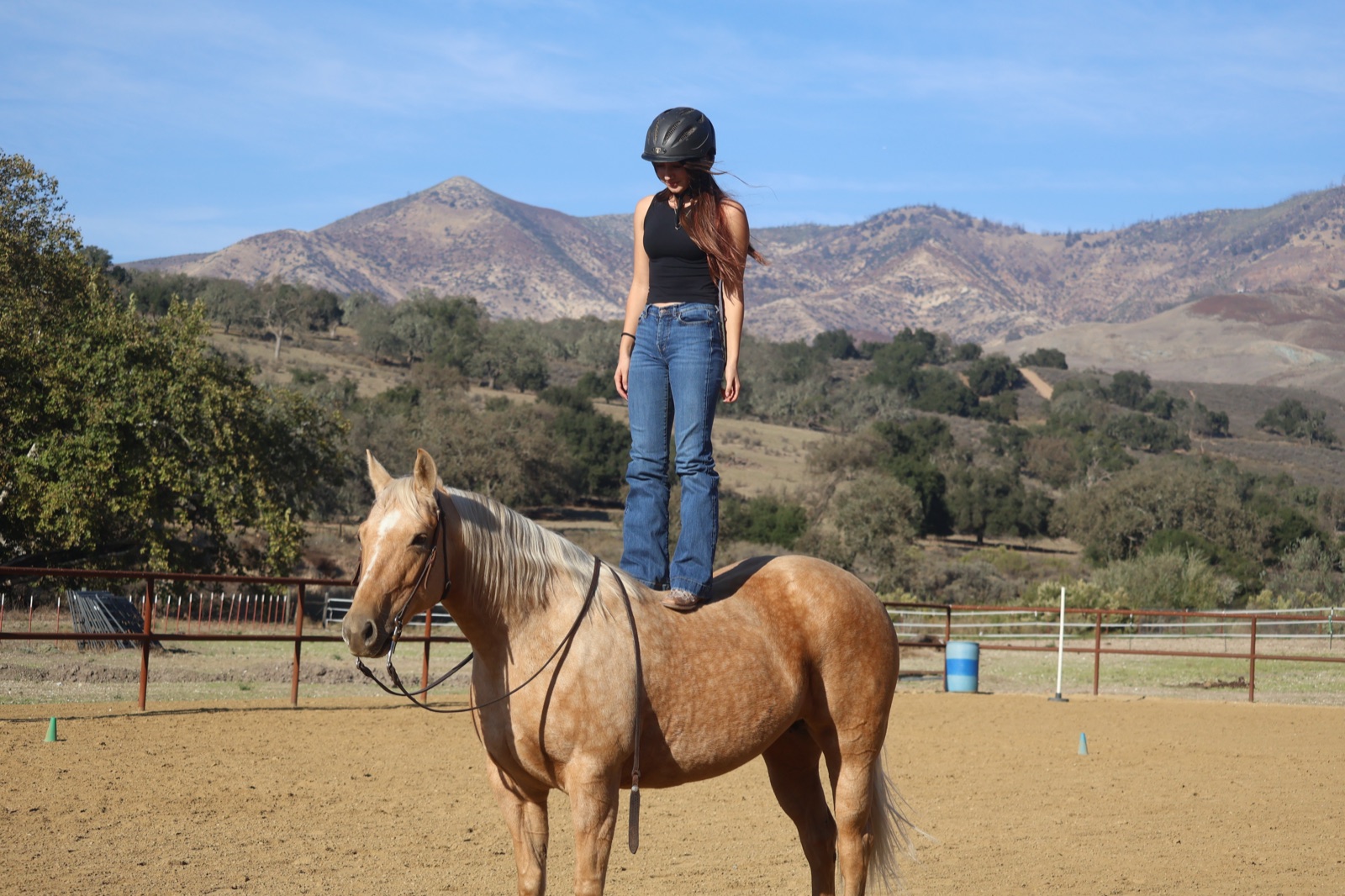 Bri ’29 standing on Peaches’ back in the Midland arena with mountains behind